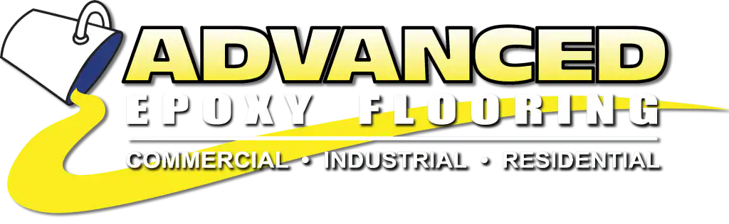The Advanced Epoxy Flooring NY logo shows yellow paint pouring from a can with "Epoxy Flooring Contractor Bohemia.