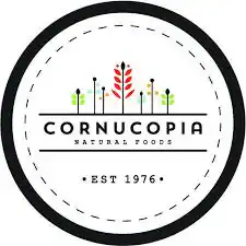 Circular Cornucopia Natural Foods logo, NY, shows colorful plants, black border, and EST 1976 below.