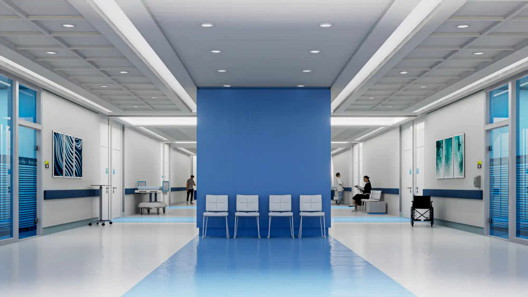 A hospital hallway with blue accents and four empty chairs features shining epoxy flooring by Bohemia.