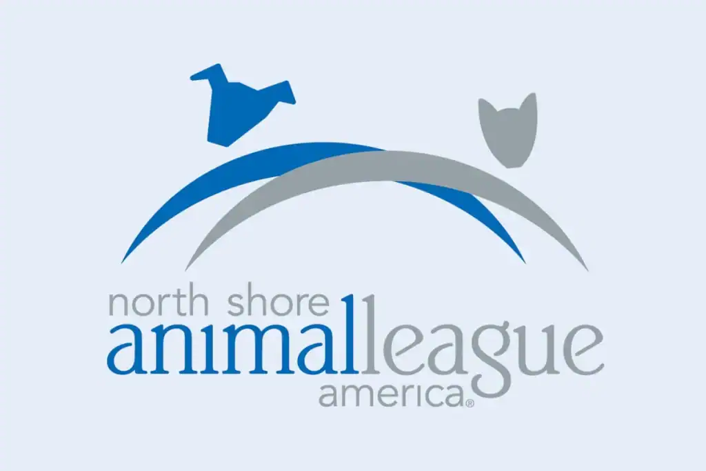 The North Shore Animal League America logo features NY dog and cat above blue and gray arcs.