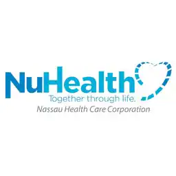 The NuHealth logo and "Together through life" appear near a dotted heart outline on a Bohemia, NY sign.