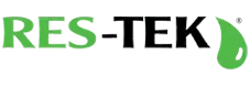 RES-TEK logo with "RES" in green, "TEK" in black, and a green droplet; epoxy flooring contractor branding.