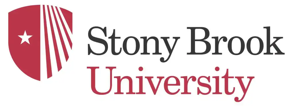 The Stony Brook University logo features a red shield with a NY white star and red-and-white diagonal stripes.