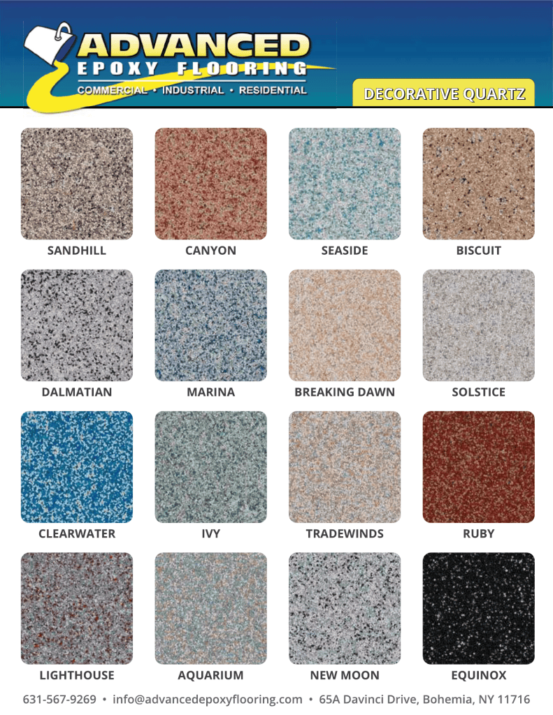 Epoxy Flooring Contractor Bohemia, NY displays 16 labeled quartz color samples for epoxy flooring options.