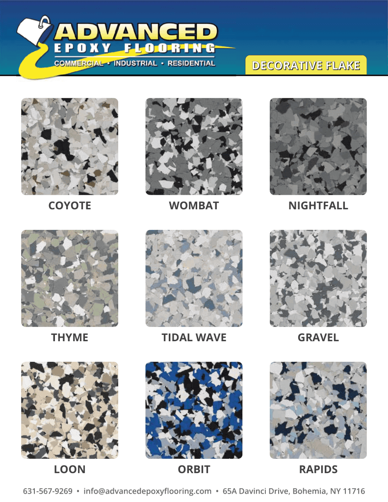 Nine epoxy flooring flake samples by Epoxy Flooring Contractor Bohemia, each with a distinct label shown.