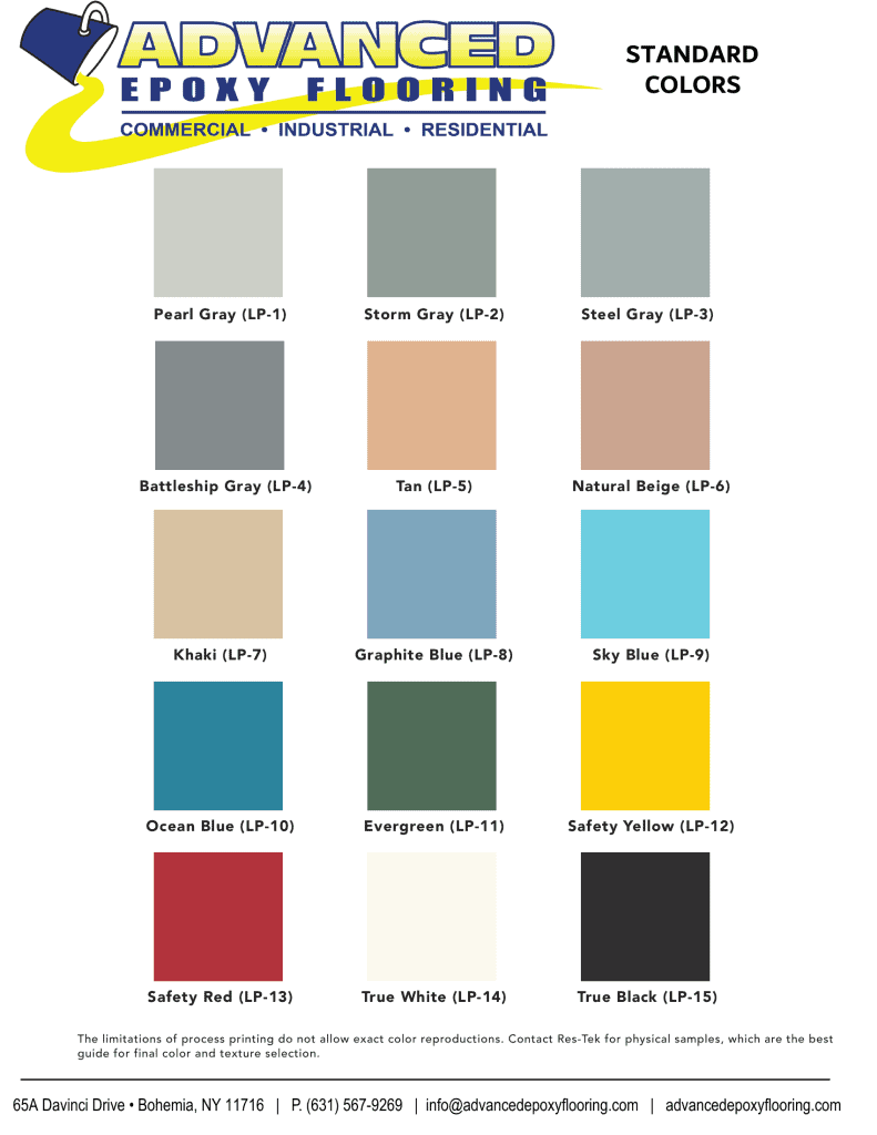Epoxy Flooring Contractor Bohemia, NY color chart displays 12 labeled squares in gray, blue, and red.