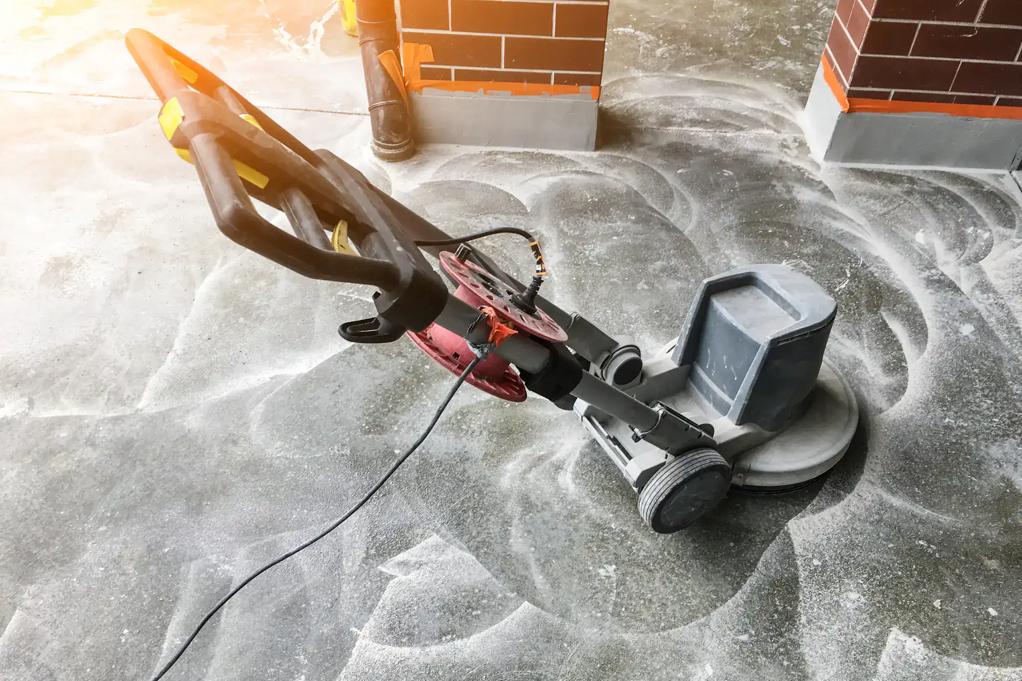 A floor polishing machine smooths a dusty concrete floor, serviced by an Epoxy Flooring Contractor in Bohemia.