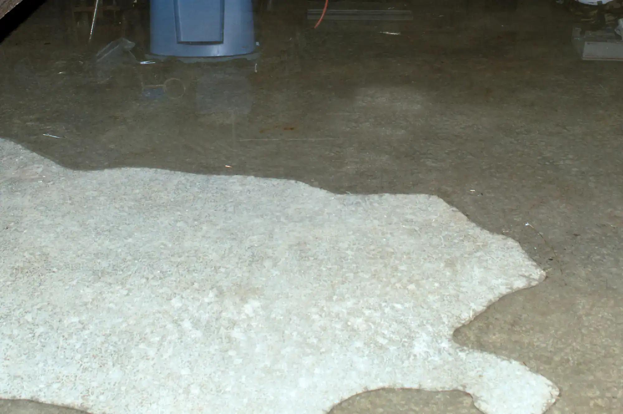 Water pooling on a concrete basement floor near a blue storage bin, Epoxy Flooring Contractor Bohemia, NY.